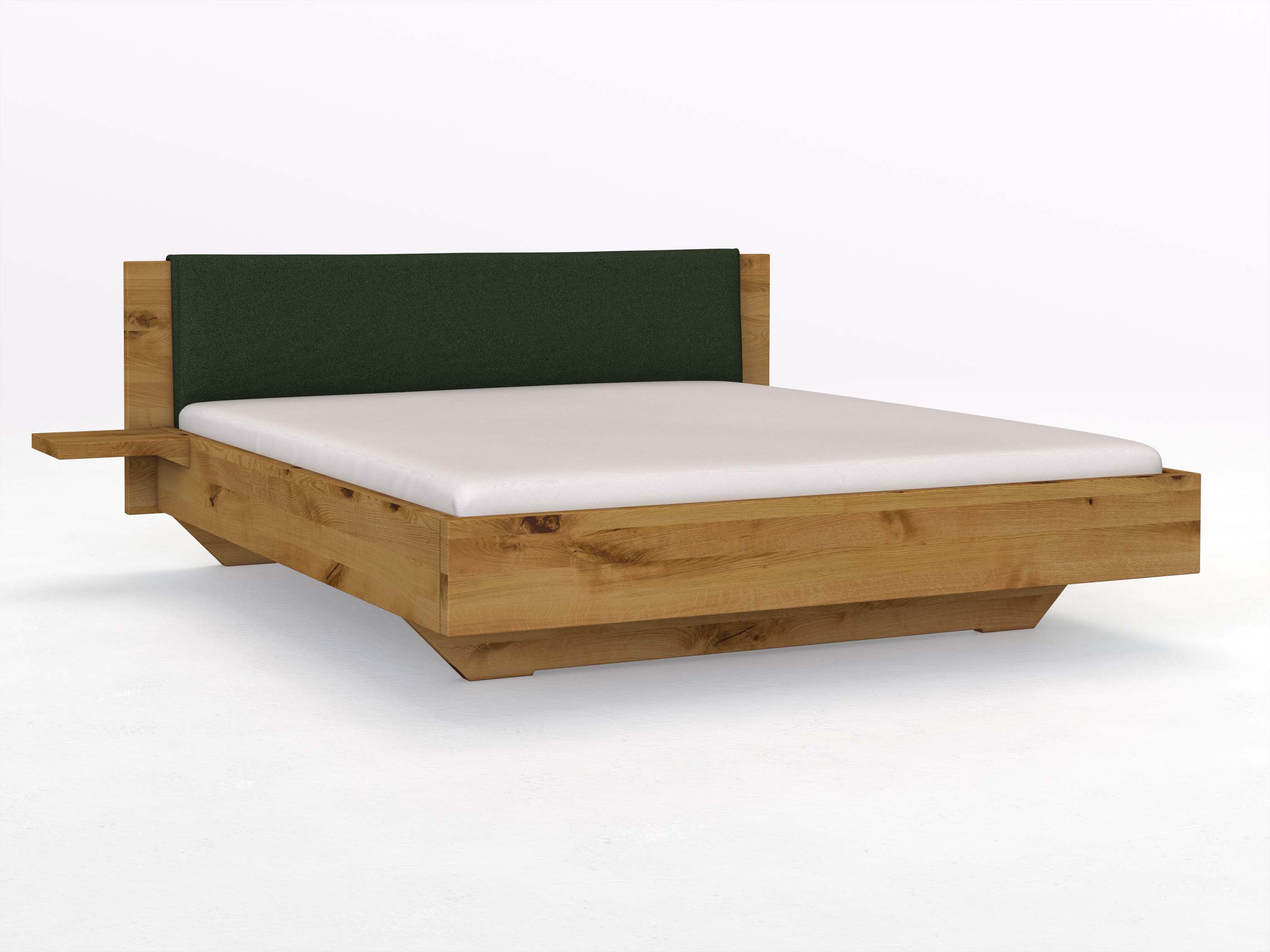Wildeichenbett „Patrizia“ in 180 x 200 cm mit zwei Ablage und Stoffkopfteil - Stoff: Schafschurwolle „Loden“ in der Farbe Tannenwald