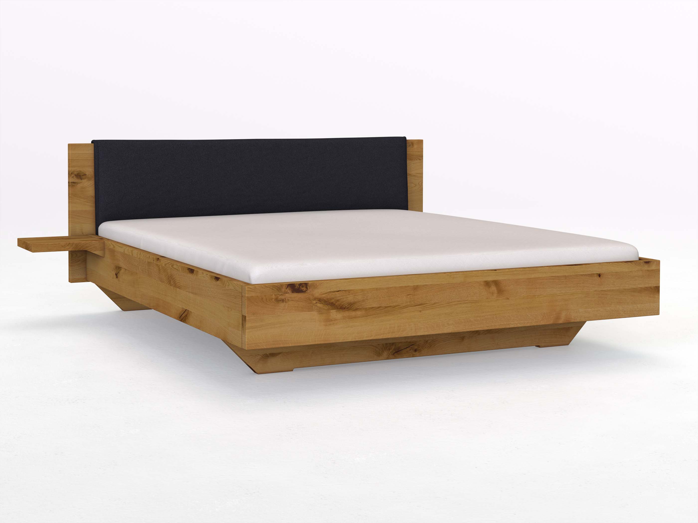 Wildeichenbett „Patrizia“ in 180 x 200 cm mit zwei Ablage und Stoffkopfteil - Stoff: Schafschurwolle „Loden“ in der Farbe Nachtblau