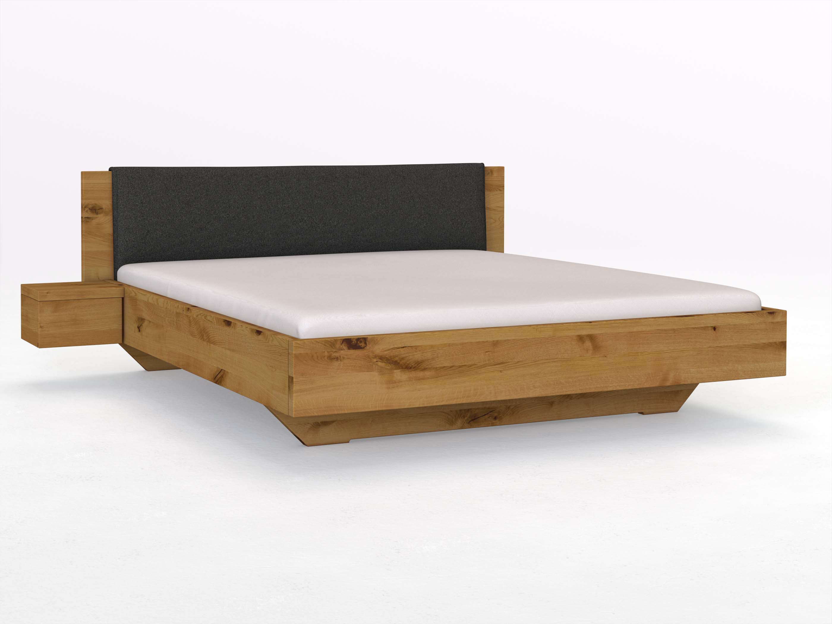 Wildeichenbett „Patrizia“ in 180 x 200 cm mit zwei Nachttische und Stoffkopfteil - Stoff: Schafschurwolle „Loden“ in der Farbe Anthrazit