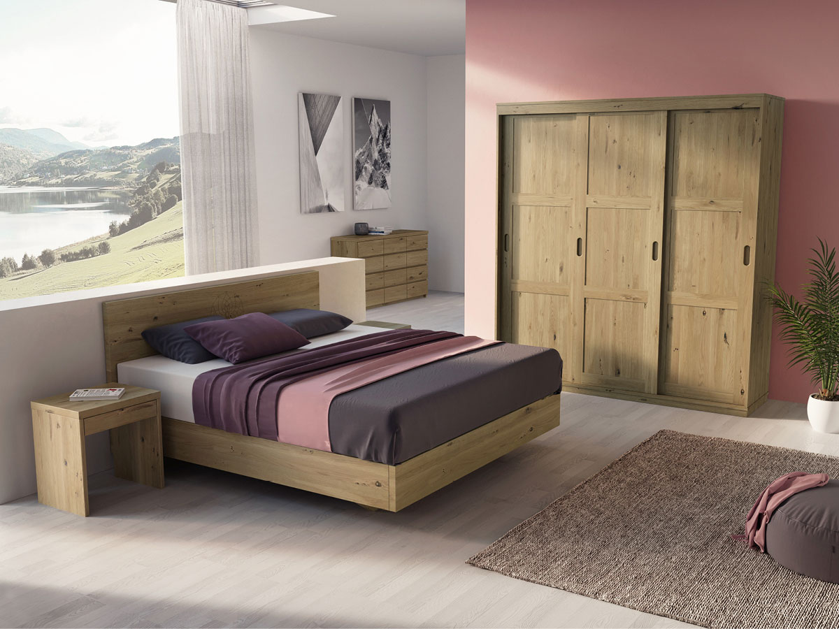 Schlafzimmer in Wildeiche mit Nachtkästchen „Emil“ in Boxspringhöhe