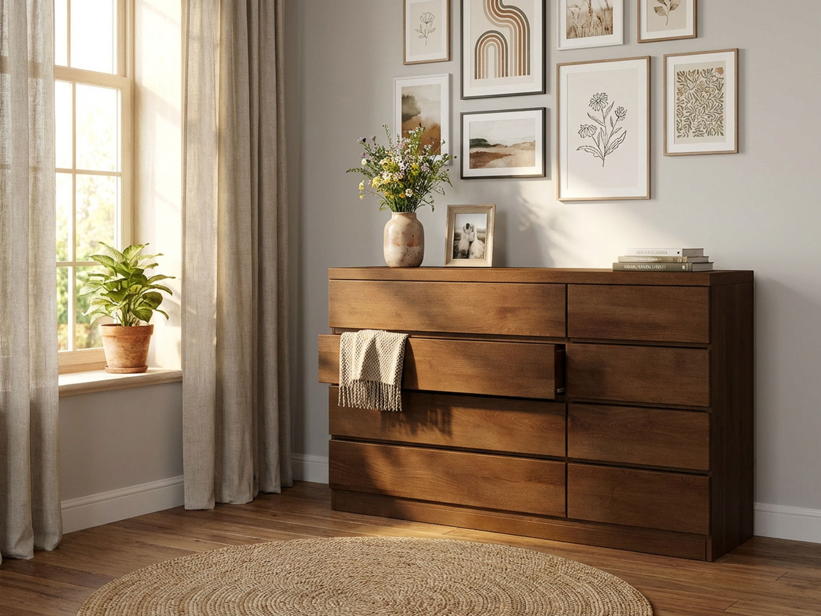 Buchenkommode Dunkel „Patrizia“ mit 4 breiten und 4 schmalen Laden rechts