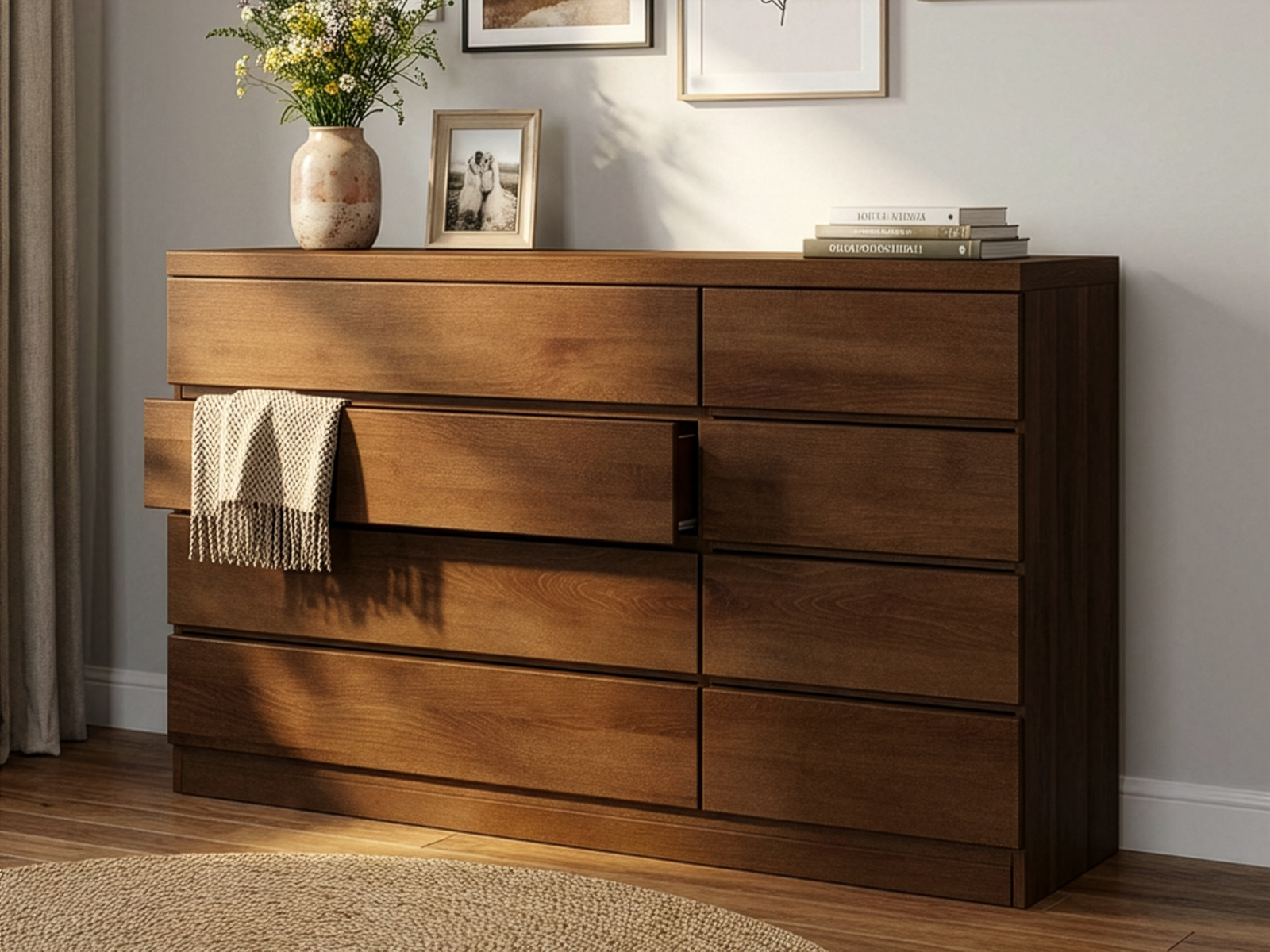 Buchenkommode Dunkel „Patrizia“ mit 4 breiten und 4 schmalen Laden rechts