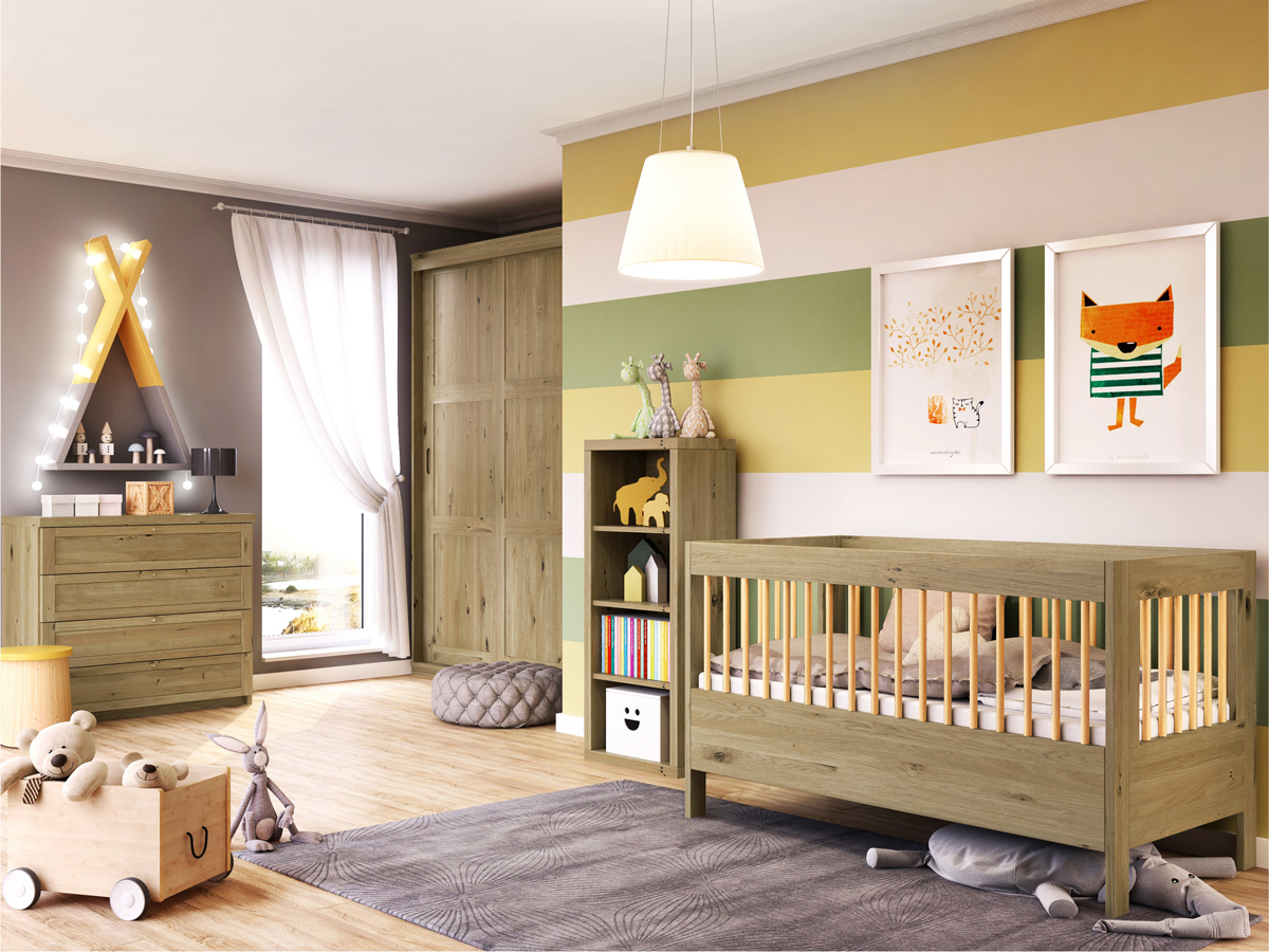 Kinderzimmer mit Babybett „Paula“ 70 x 140 cm in Wildeiche massiv