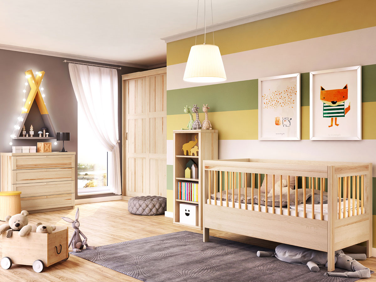 Kinderzimmer mit Babybett „Paula“ 70 x 140 cm in Esche massiv