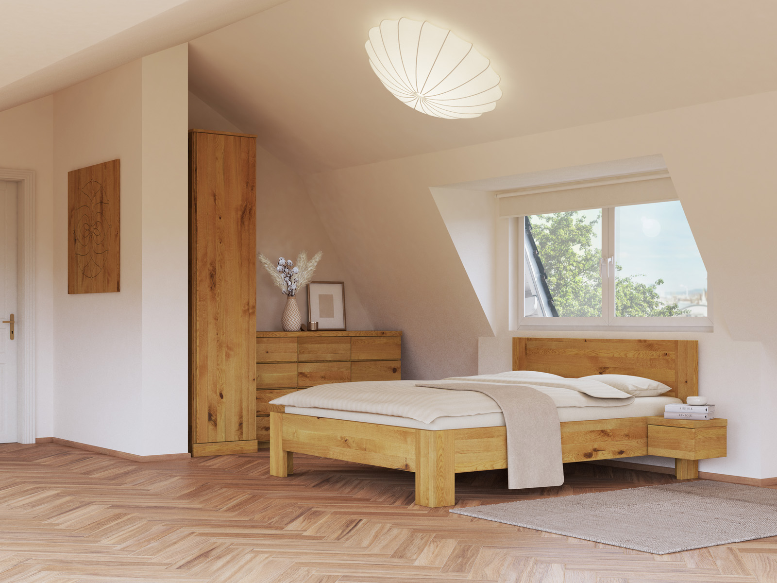 Schlafzimmer mit Wildeichenschrank „Arnika“, 1-türig, Höhe 235 cm, Griffausführung „Patrizia“