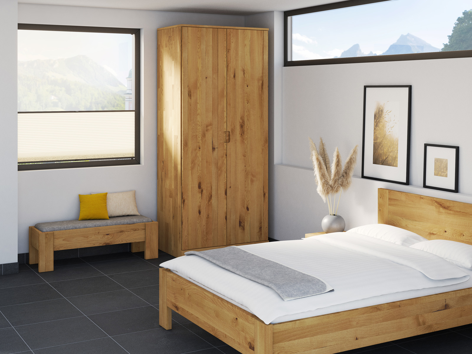 Schlafzimmer mit Wildeichenschrank „Arnika“, 2-türig, Höhe 235 cm, Griffausführung „Lukas“