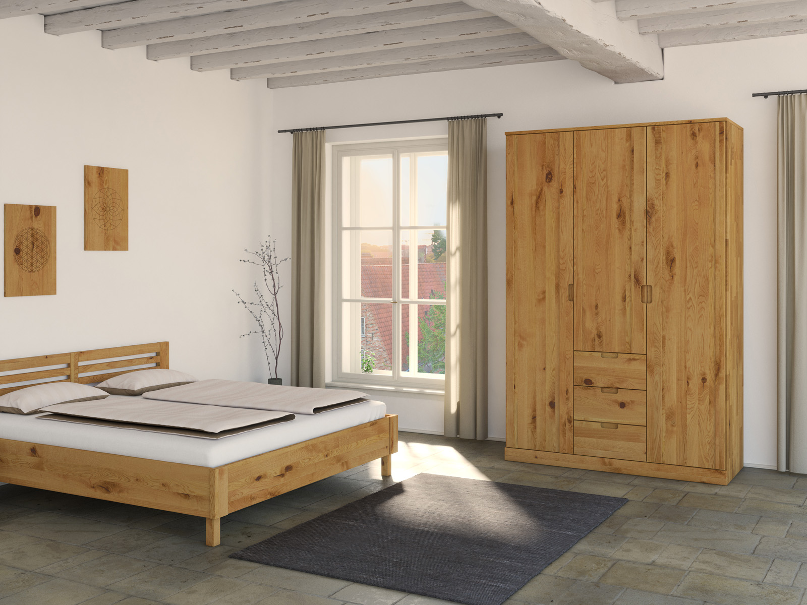 Schlafzimmer mit Wildeichenschrank „Arnika“, 3-türig, Höhe 235 cm, Griffausführung „Lukas“