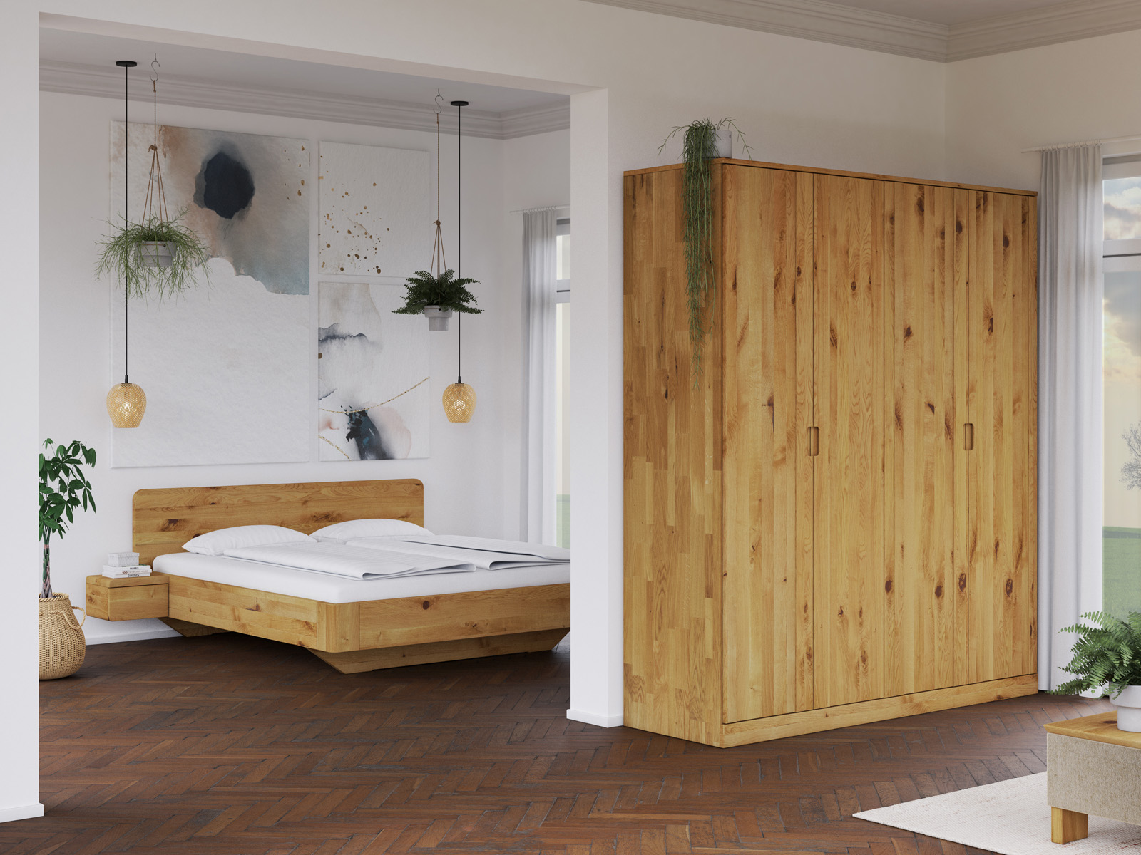 Schlafzimmer mit Wildeichenschrank „Arnika“, 4-türig, Höhe 235 cm, Griffausführung „Lukas“