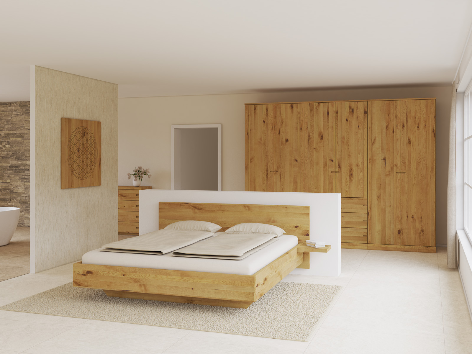 Schlafzimmer mit Wildeichenschrank „Arnika“, 6-türig, Höhe 235 cm, Griffausführung „Stefan“