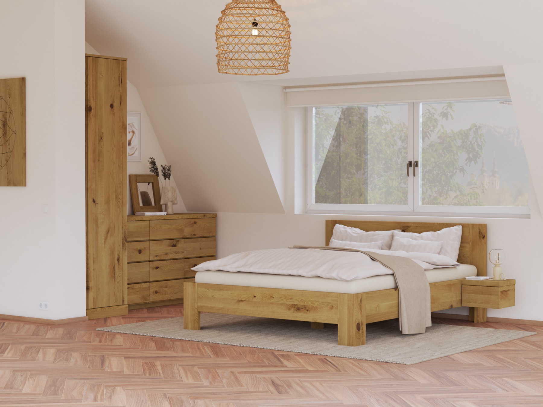 Schlafzimmer mit Wildeichenkommode „Alois“ 150 cm