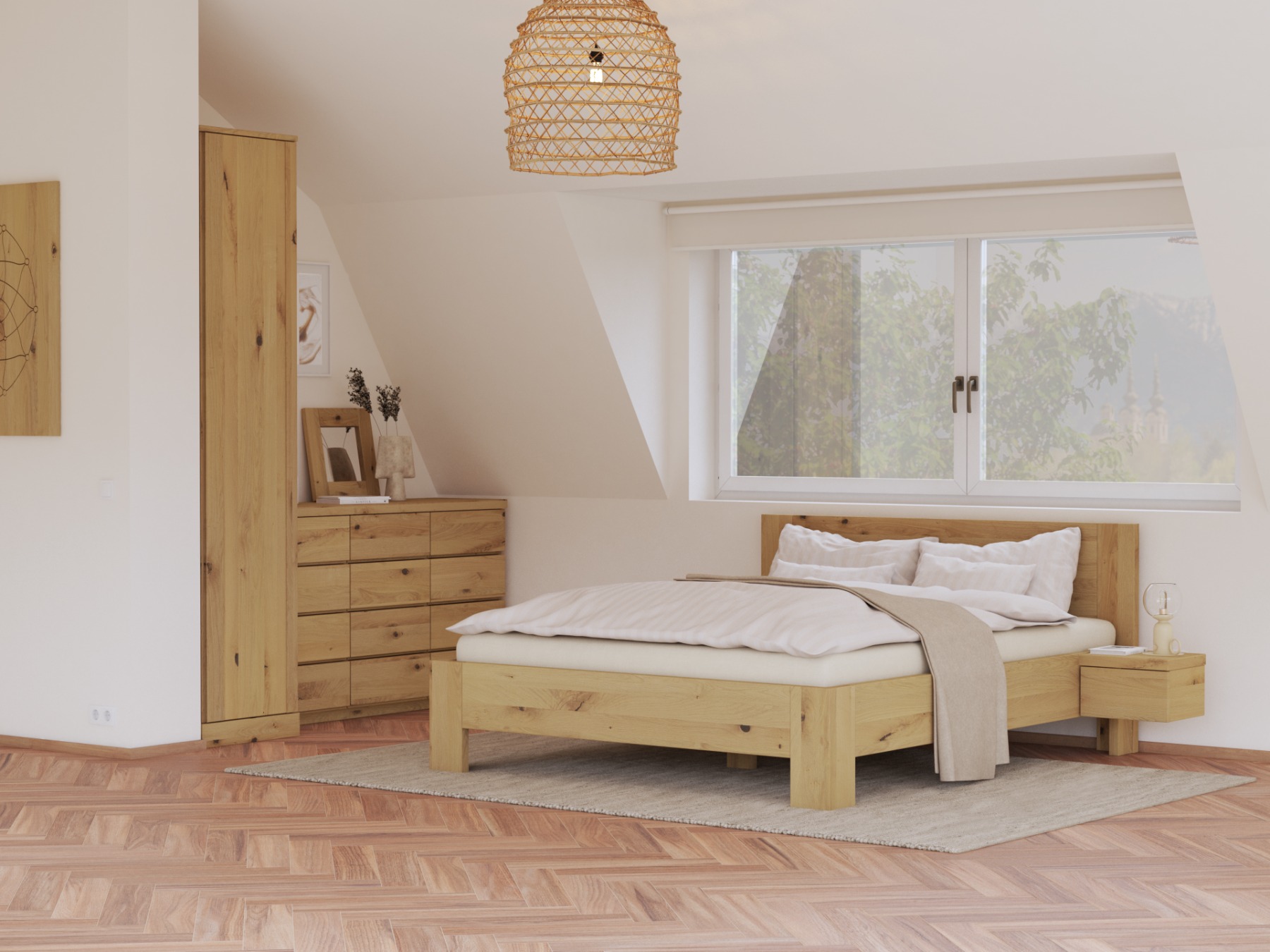 Schlafzimmer mit Schlafzimmer mit Wildeichenkommode Hell „Alois“ 150 cm mit kleinen Schubladen