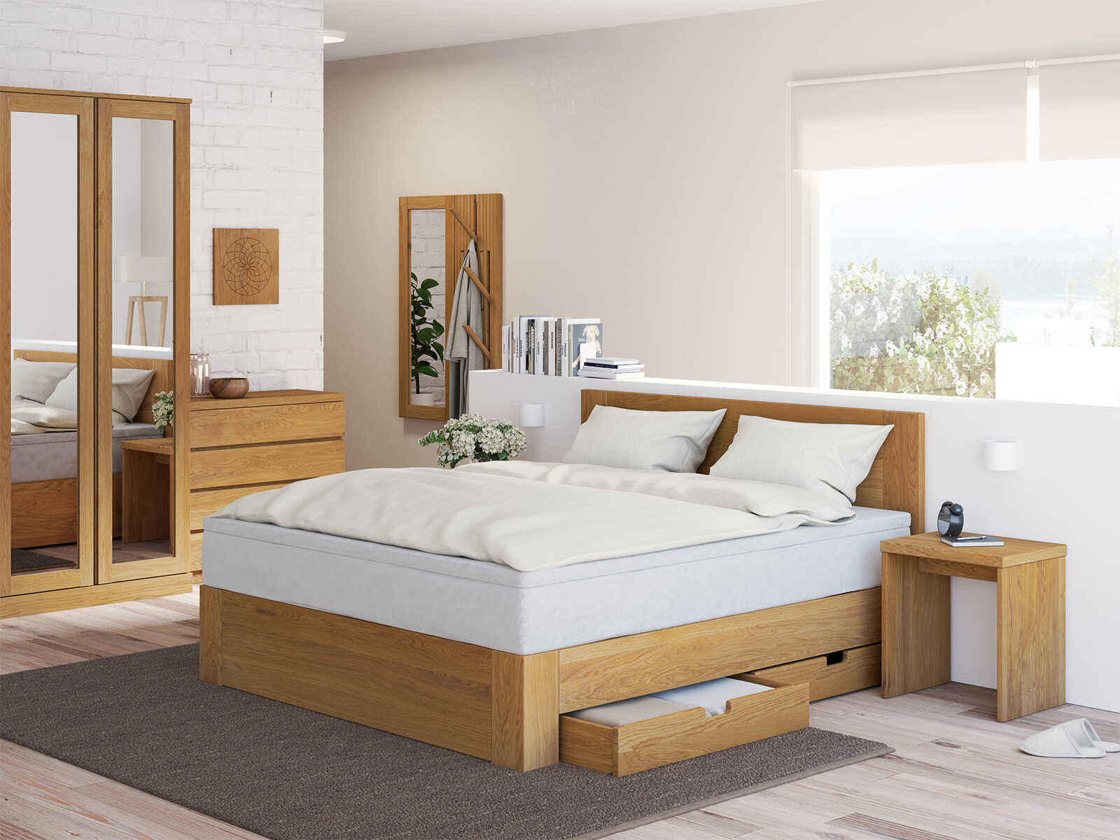 Schlafzimmer mit Boxspringbett „Alois“ aus Eiche ohne Gravur, mit zwei Unterbettkommoden (2 x 91 cm) rechts