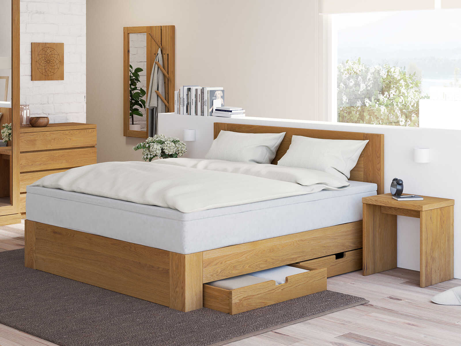 Boxspringbett „Alois“ aus Eiche ohne Gravur, mit zwei Unterbettkommoden (2 x 91 cm) rechts