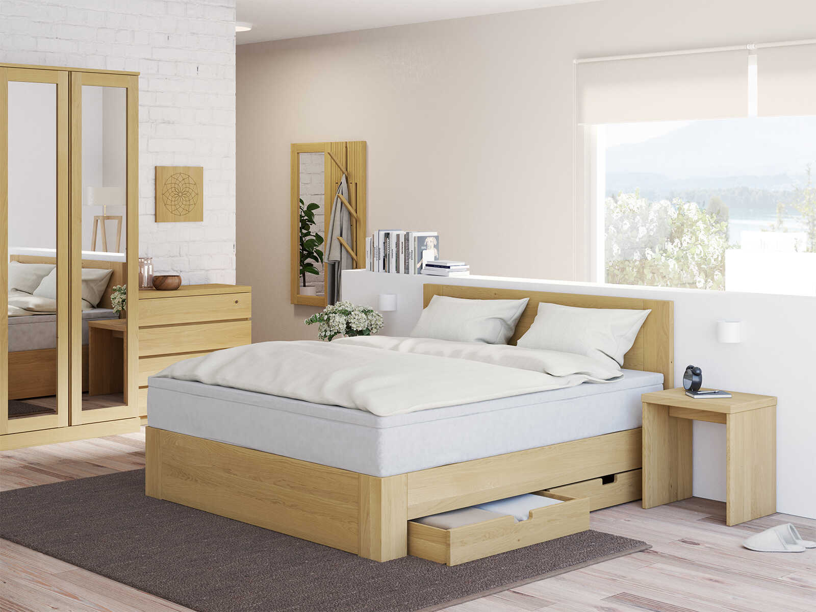 Schlafzimmer mit Bettkasten „Sebastian“ aus Eiche Hell - 2 Stück 98,5 x 77,5 cm