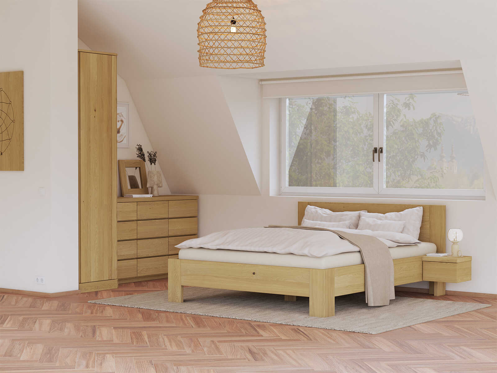 Schlafzimmer mit Schlafzimmer mit Eichenkommode Hell „Alois“ 150 cm mit kleinen Schubladen