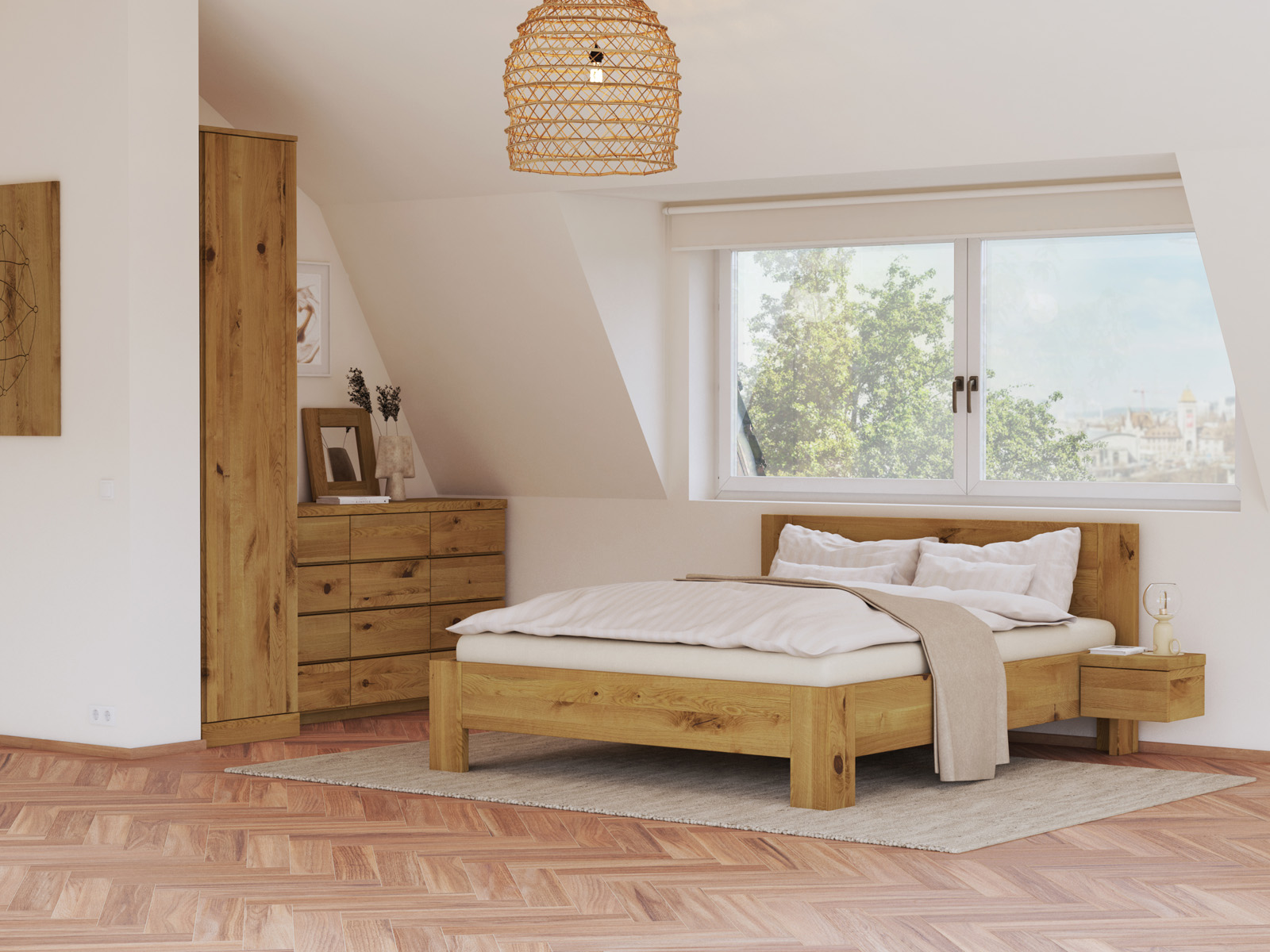 Schlafzimmer mit Wildeichenbett „Alois“ in 160 x 200 cm, mit zwei Nachttischen