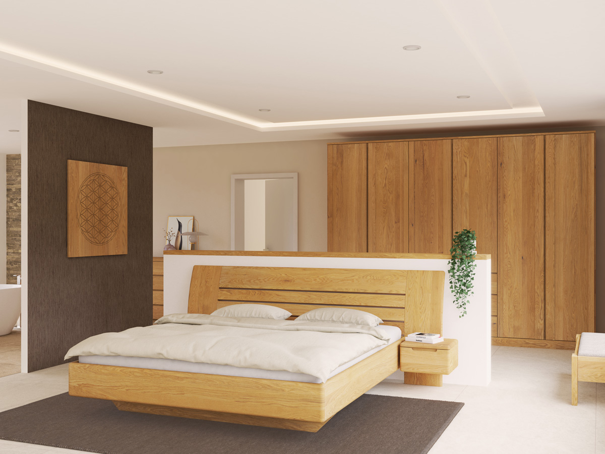 Schlafzimmer mit Eichenbett „Bea“ in 180 x 200 cm