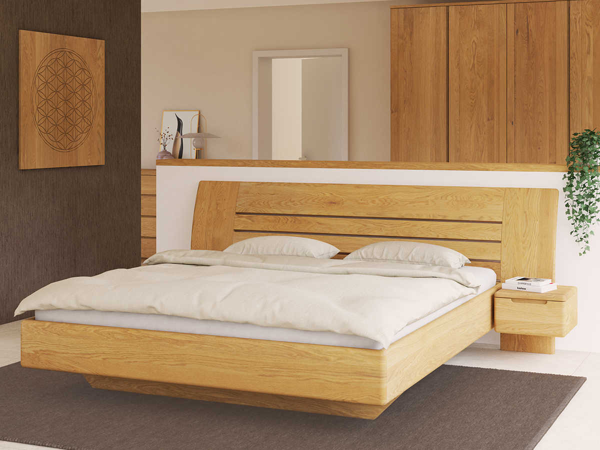 Bett „Bea“ aus Massivholz in 180 x 200 cm, mit zwei Nachttische (40 cm breit)