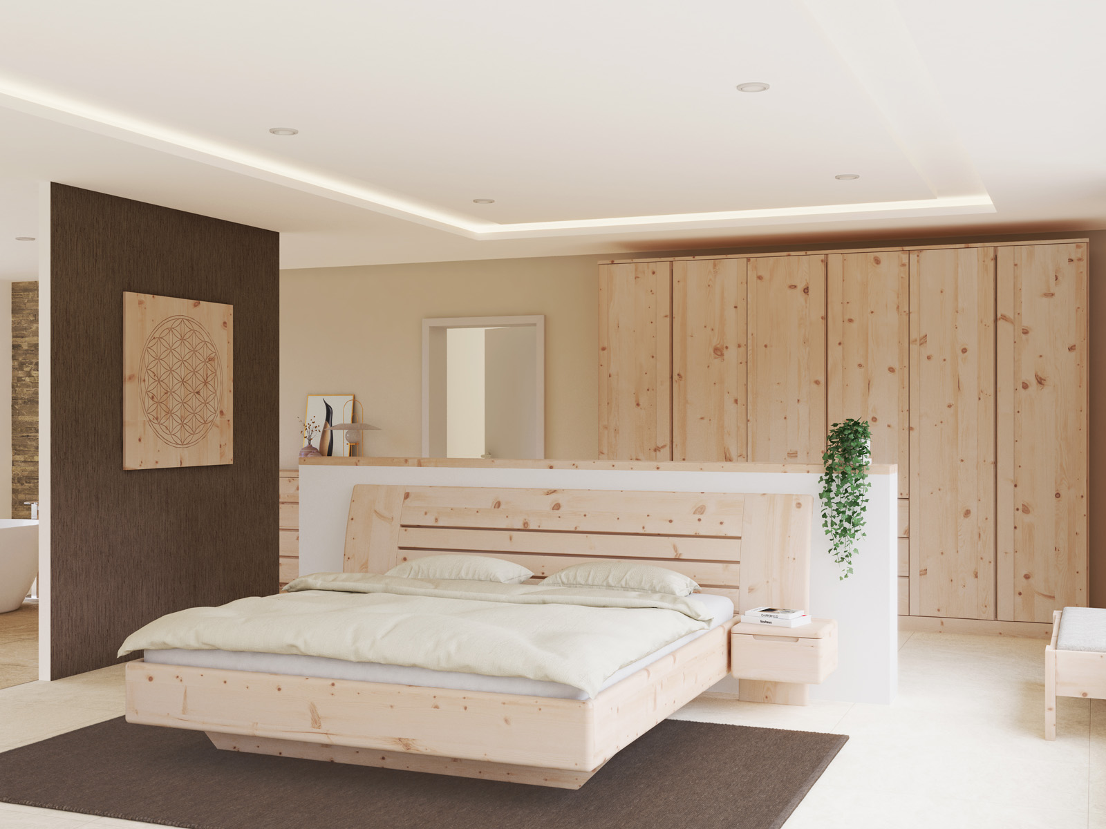 Schlafzimmer mit Zirbenbett „Bea“ in 180 x 200 cm