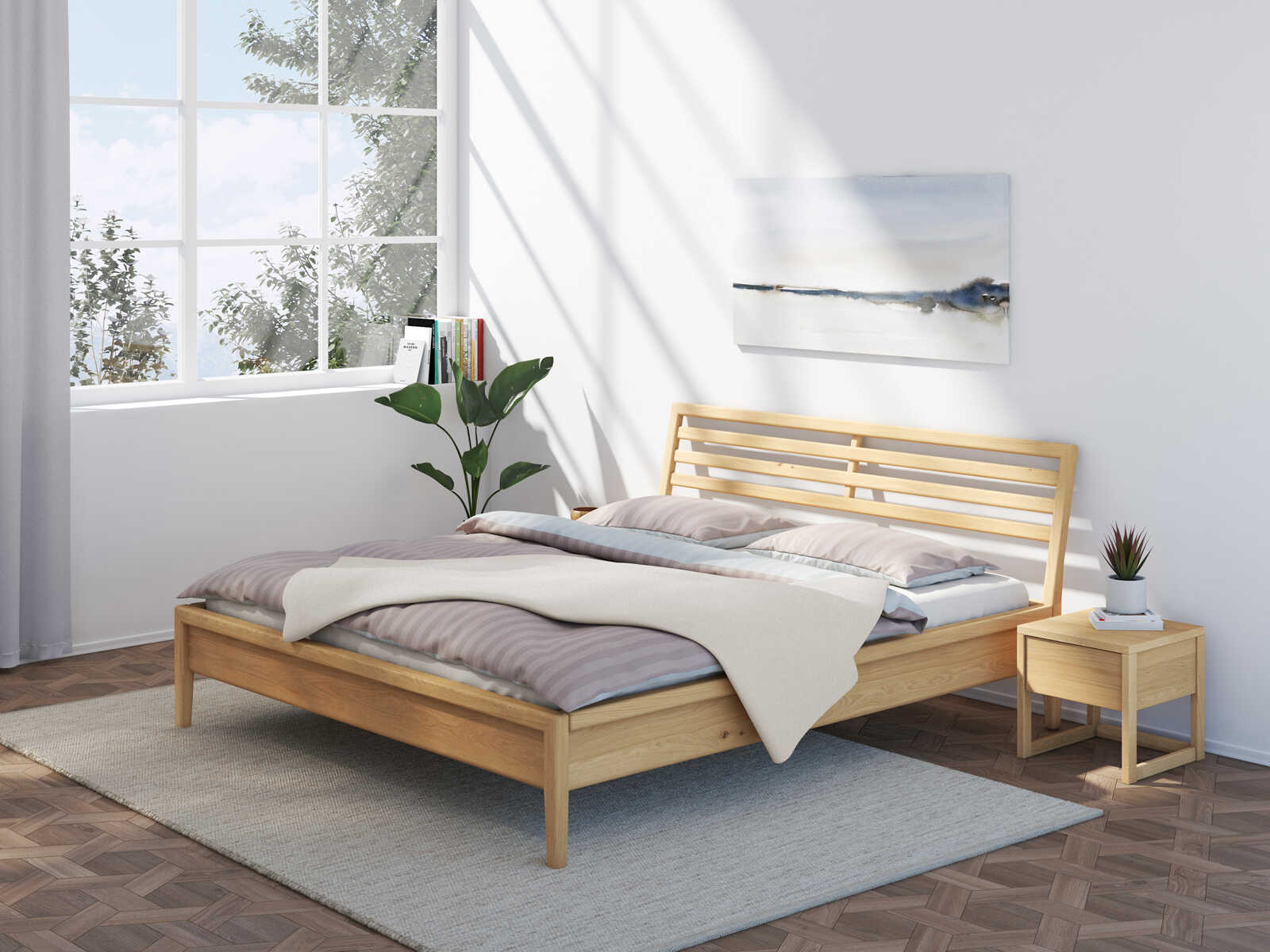 Schlafzimmer mit Bett „Ben“ aus Eiche Hell in 180 x 200 cm