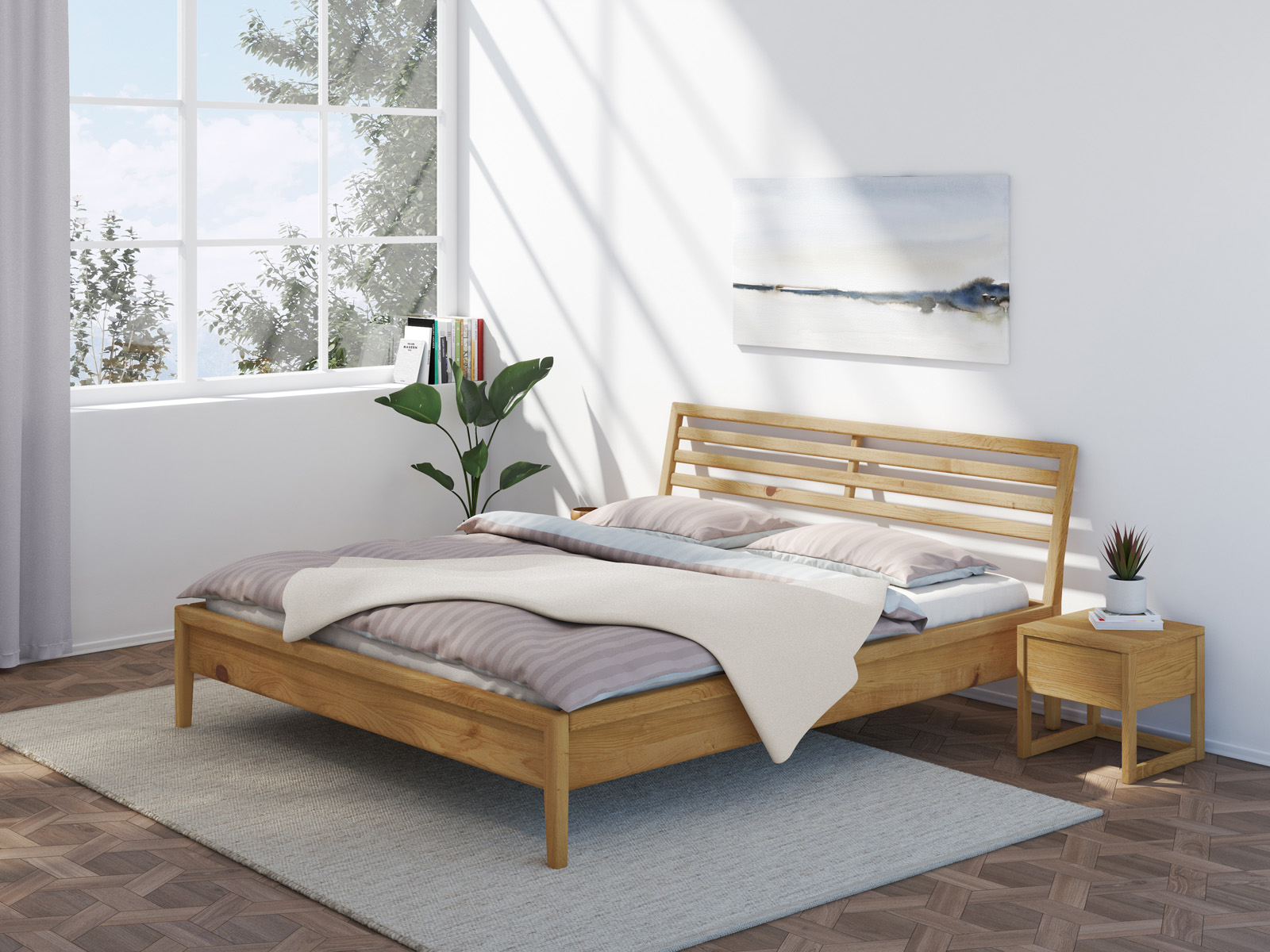 Schlafzimmer mit Bett „Ben“ aus Wildeiche in 180 x 200 cm