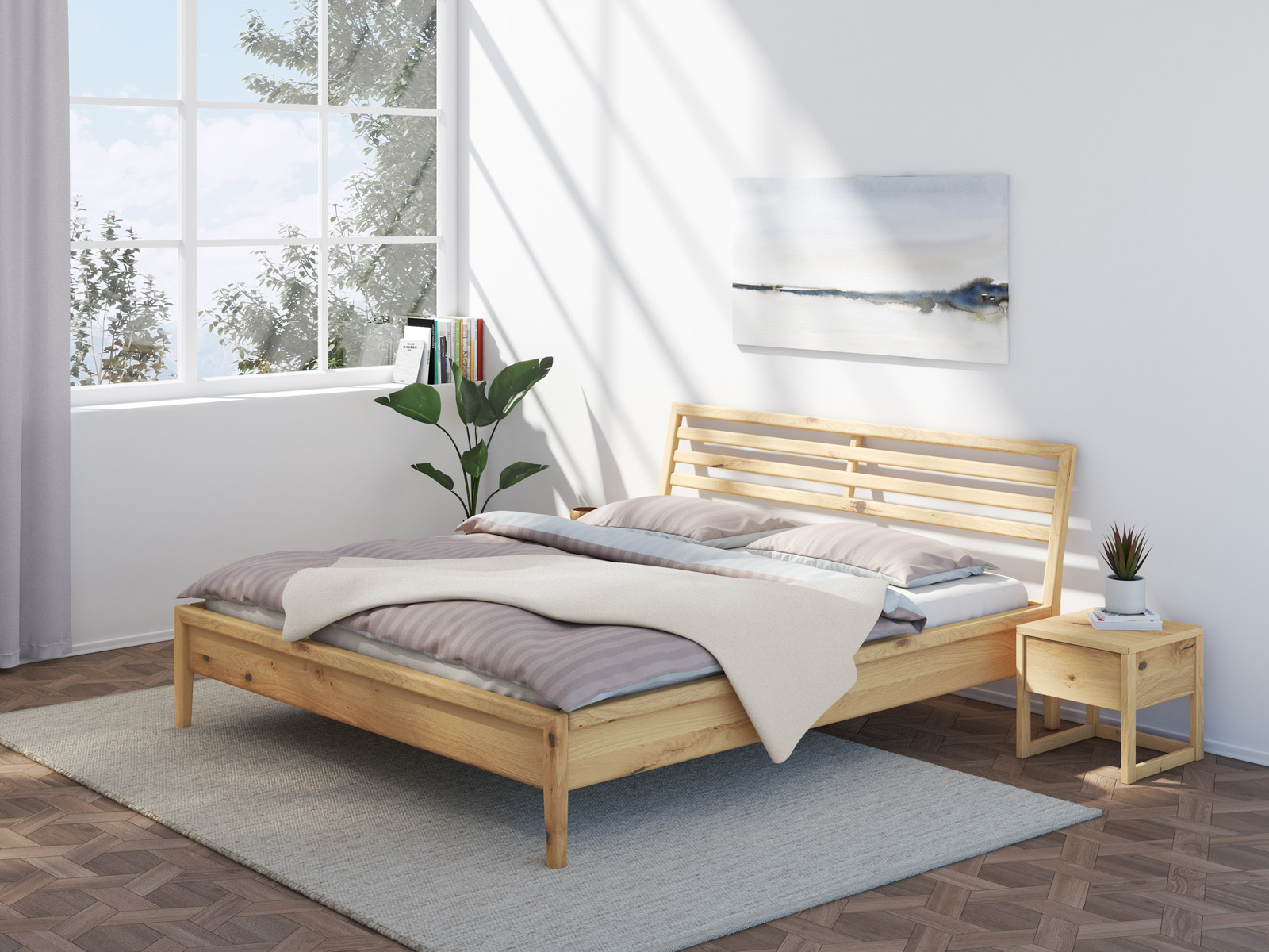 Schlafzimmer mit Bett „Ben“ aus Wildeiche Hell in 180 x 200 cm