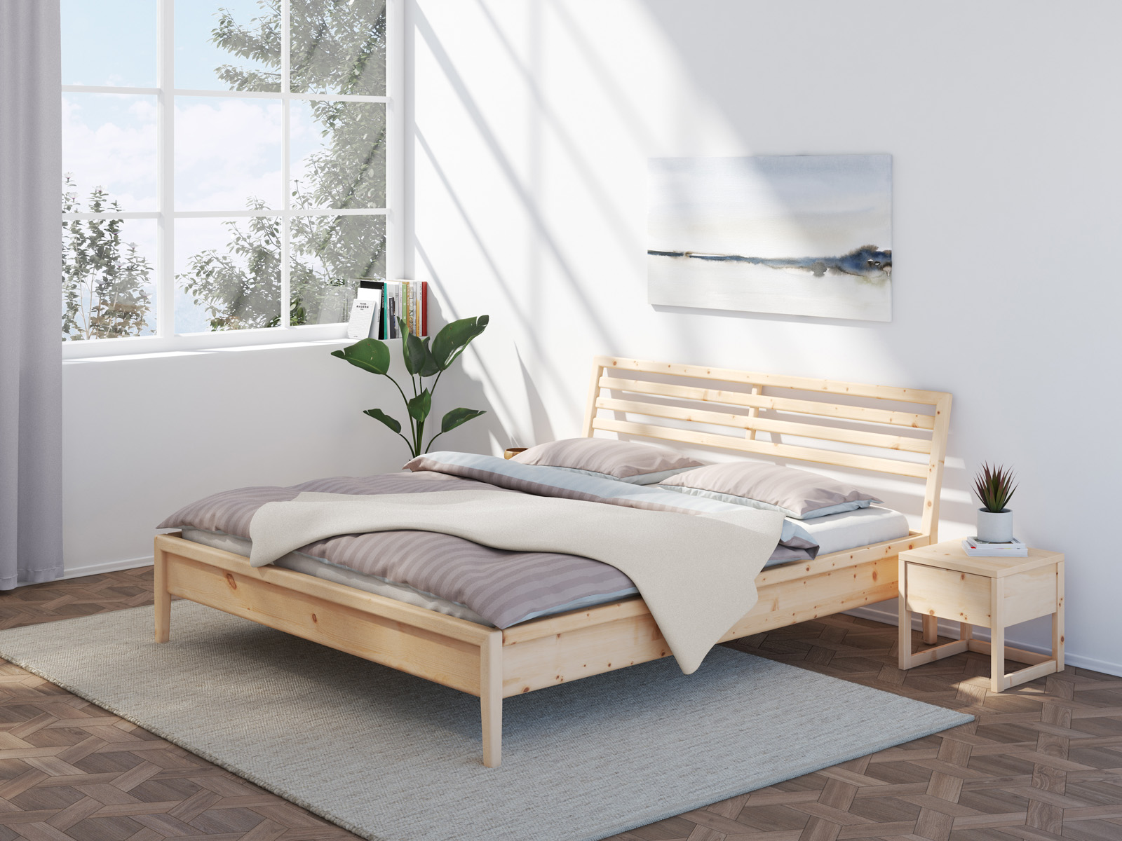 Schlafzimmer mit Zirbenbett „Ben“ in 180 x 200 cm