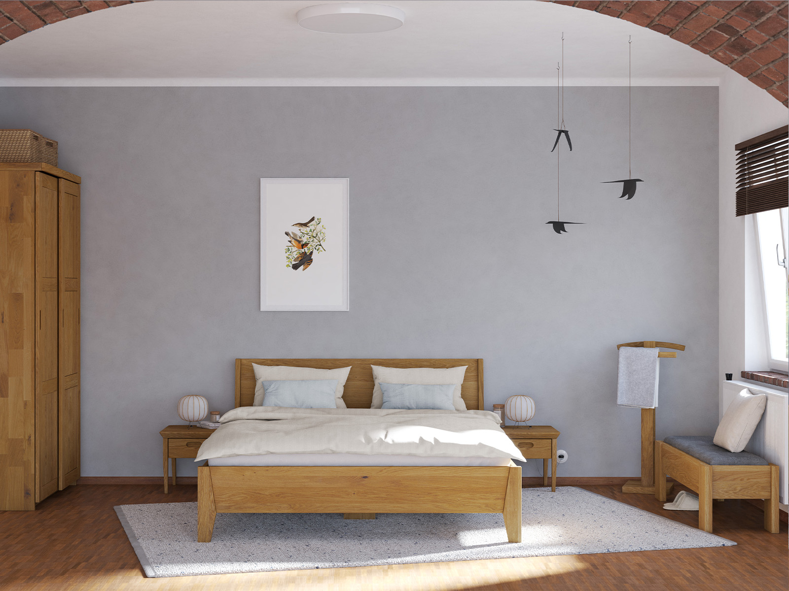 Schlafzimmer mit Bett „Benjamin“ aus Eiche in 180 x 200 cm - mit geradem Fußteil und ohne Gravur