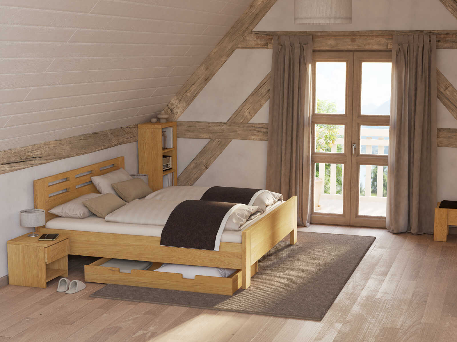 Schlafzimmer mit Bettkasten „Sebastian“ aus Eiche in 140 x 77,5 cm