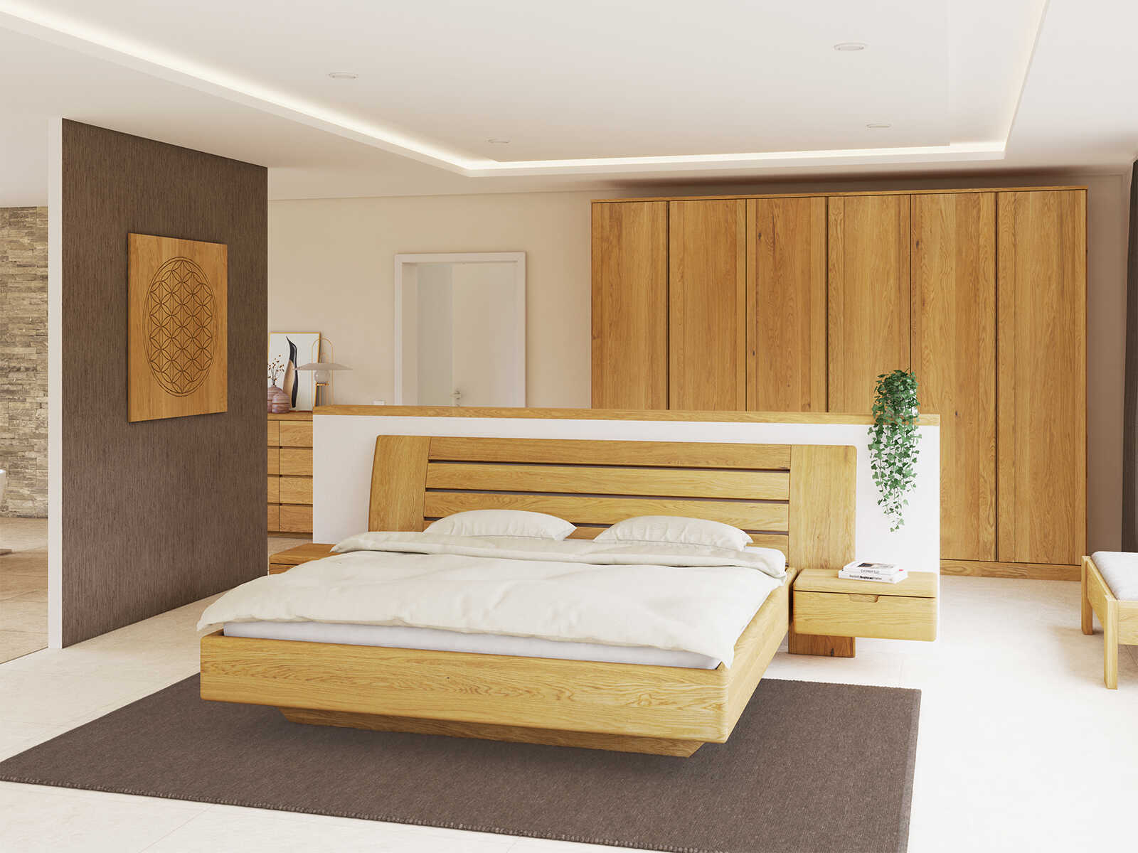 Schlafzimmer mit Bett „Bettina“ aus Eiche in 180 x 200 cm, mit zwei Nachttische (60 cm breit)