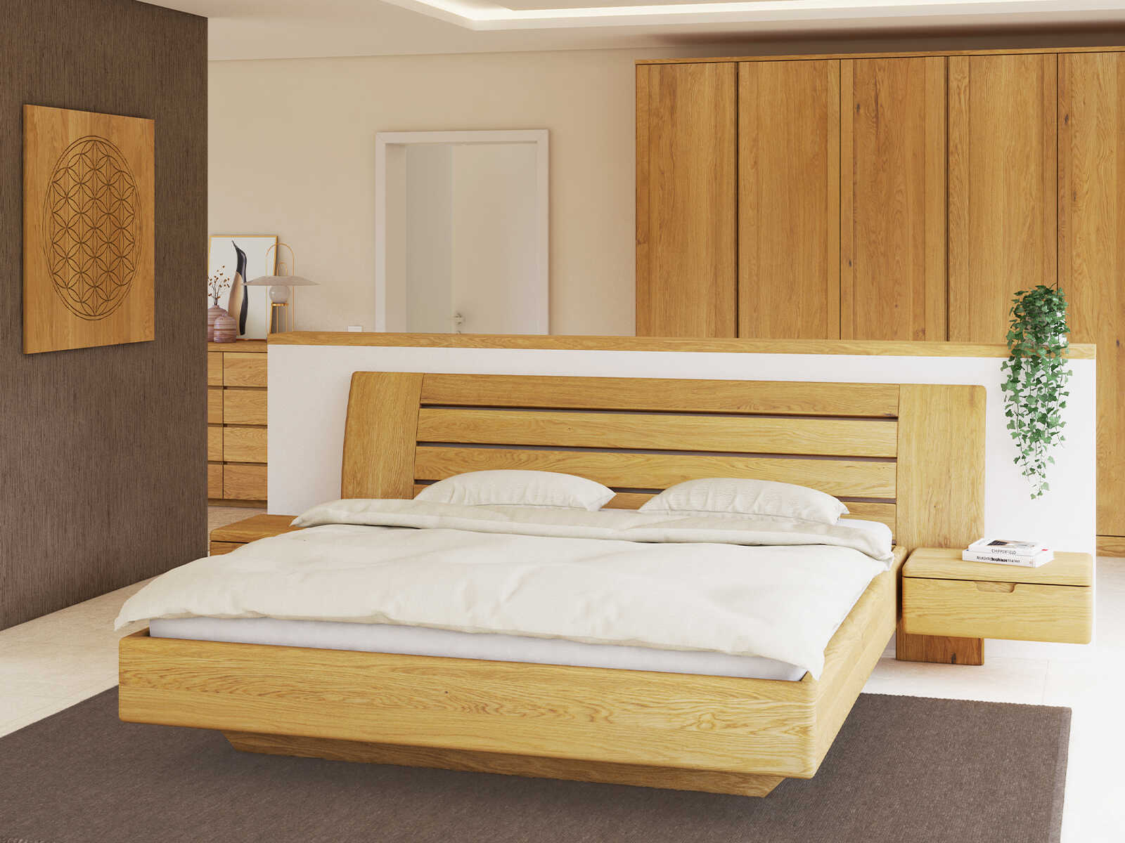 Bett „Bettina“ aus Massivholz in 180 x 200 cm, mit zwei Nachttische (60 cm breit)
