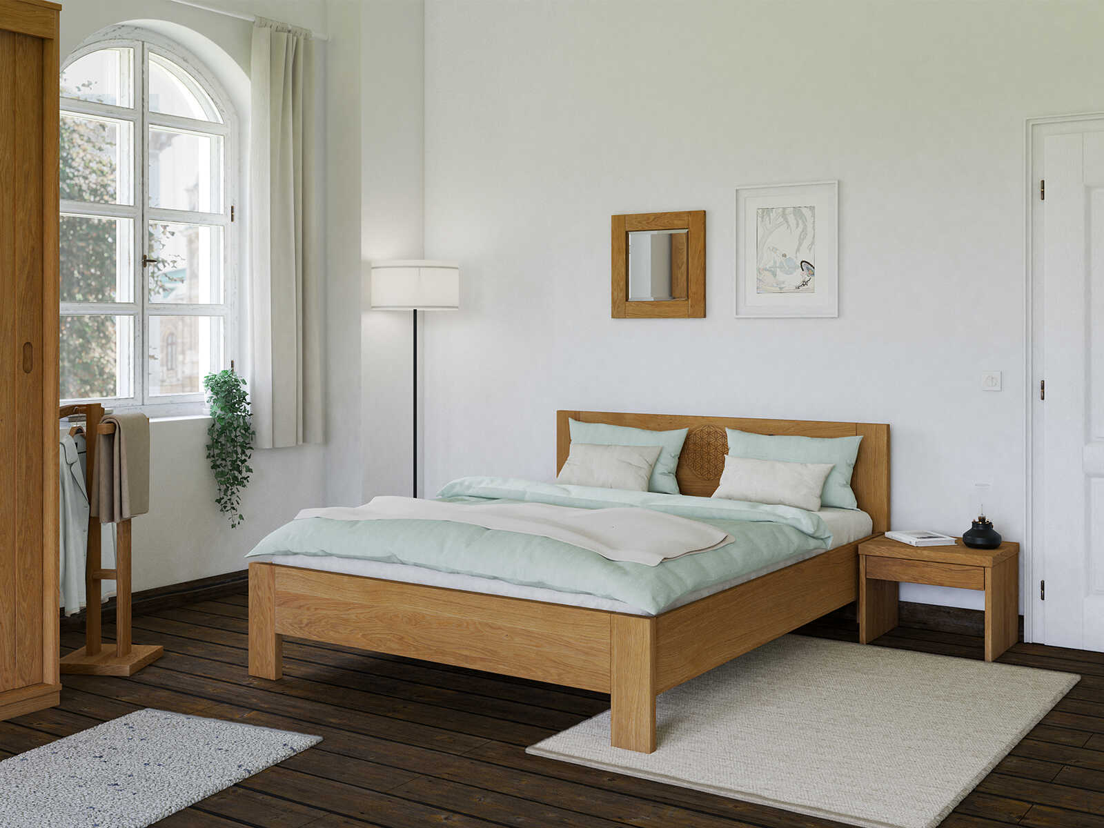 Schlafzimmer mit Eichenbett „Blume des Lebens“ in 160 x 200 cm, ohne erhöhtem Fußteil