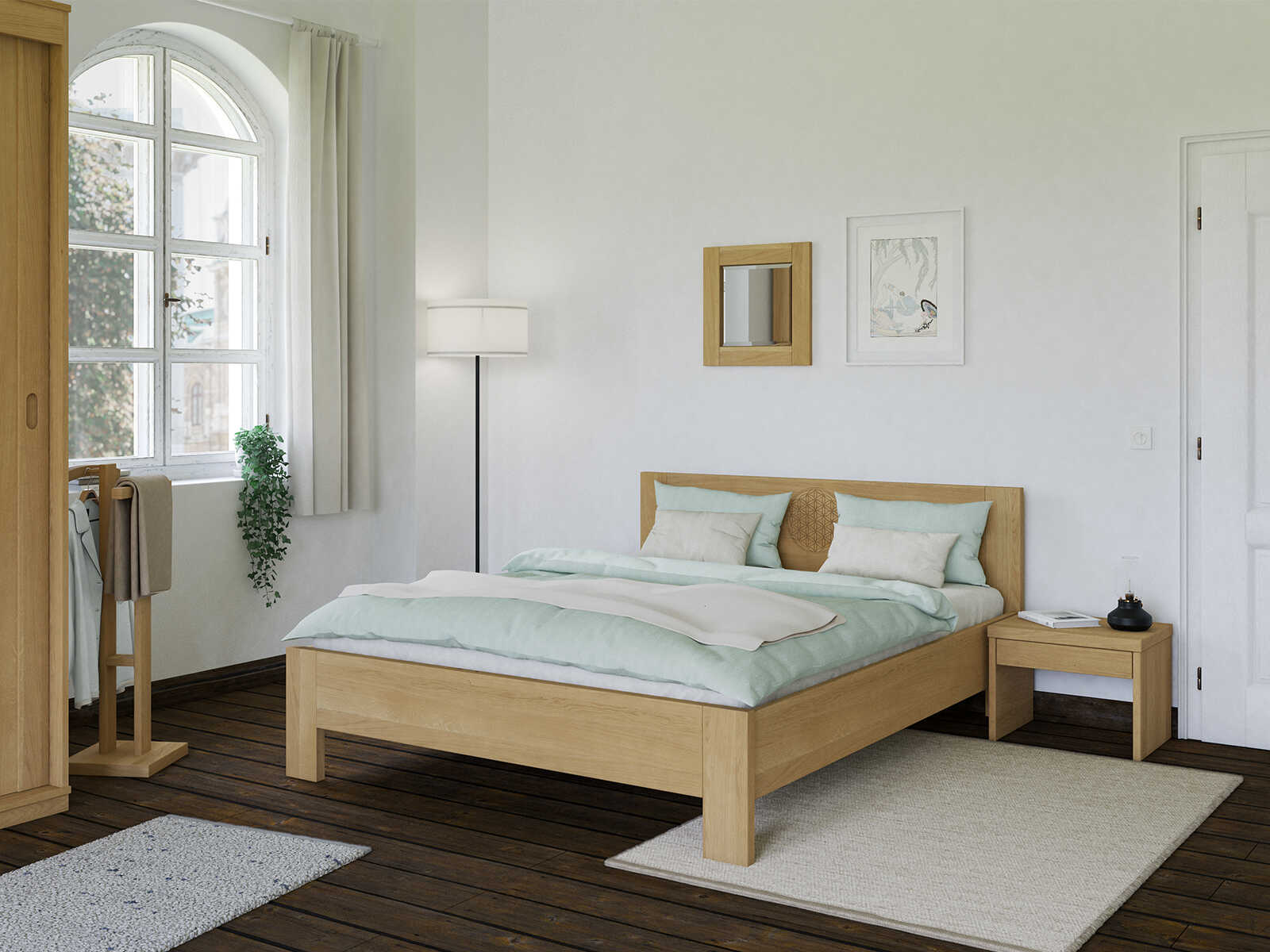Schlafzimmer mit Eichenbett Hell „Blume des Lebens“ in 180 x 200 cm, ohne erhöhtem Fußteil