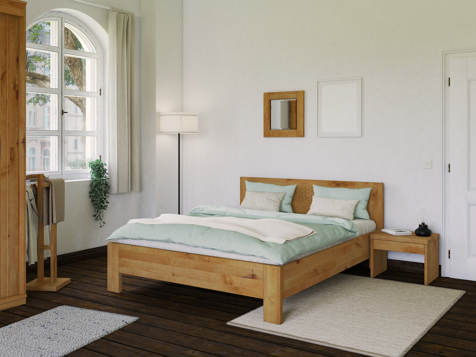 Schlafzimmer mit Wildeichenbett „Blume des Lebens“ in 180 x 200 cm, ohne erhöhtem Fußteil
