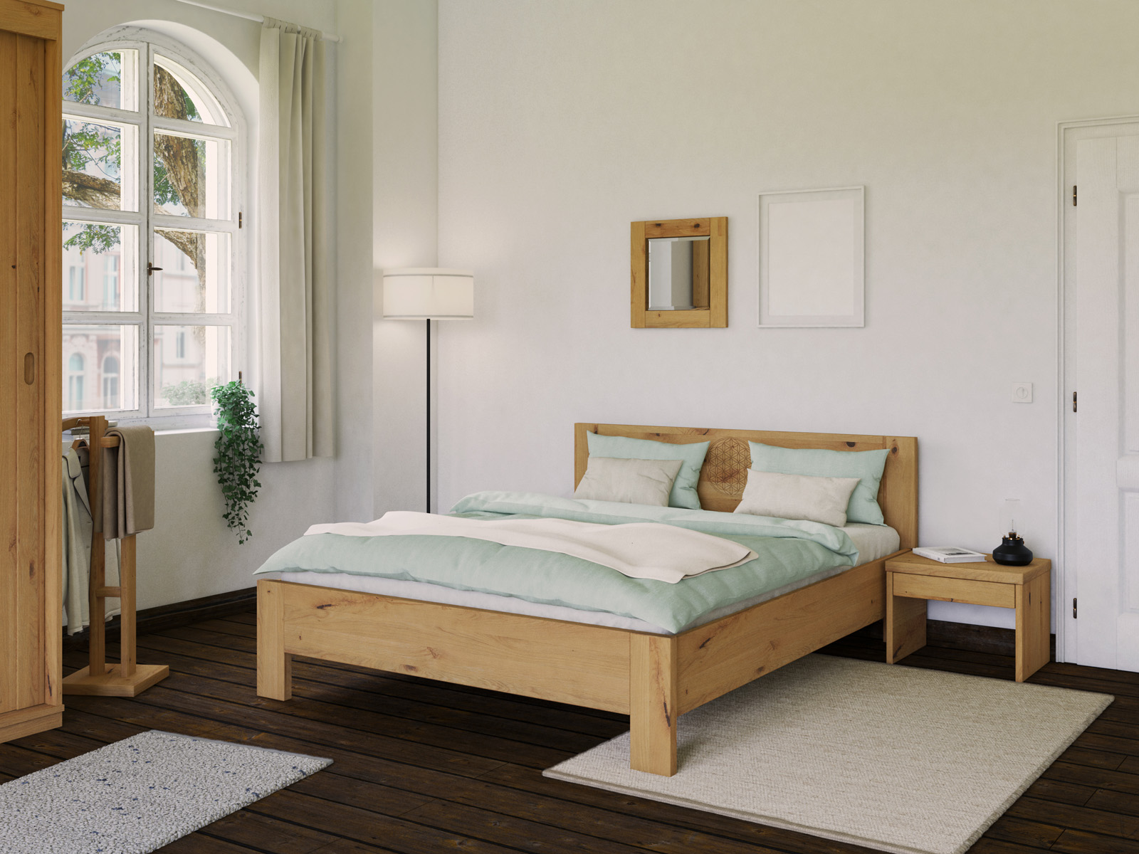 Schlafzimmer mit Wildeichenbett Hell „Blume des Lebens“ in 180 x 200 cm, ohne erhöhtem Fußteil