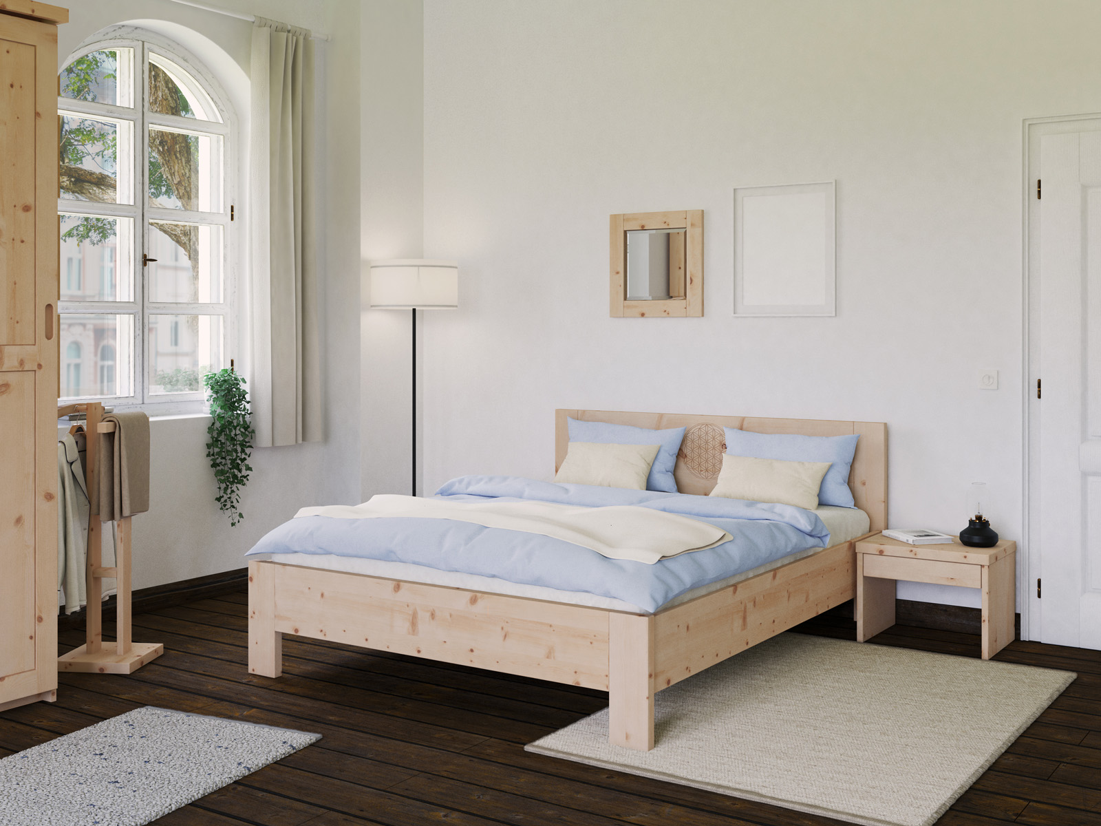 Schlafzimmer mit Zirbenbett „Blume des Lebens“ in 180 x 200 cm
