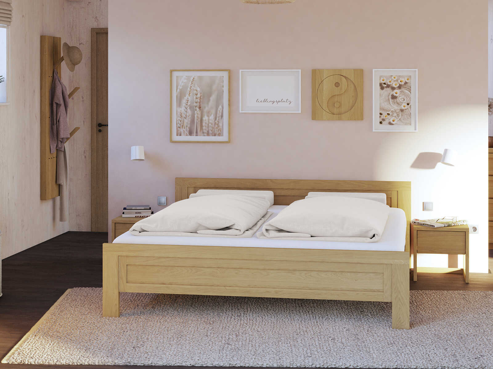 Schlafzimmer mit Nachtkästchen „Selina“ aus Eiche Hell in Standardhöhe