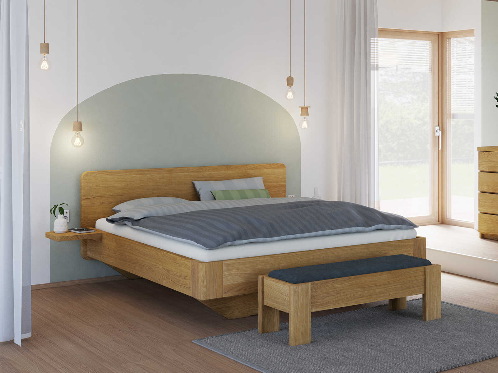Bett „Clara“ aus Massivholz in 180 x 200 cm, mit zwei Ablagen