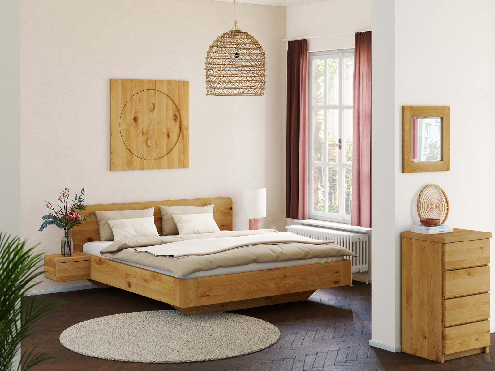 Schlafzimmer mit Wildeichenbett „Clara“ in 180 x 200 cm, mit zwei Nachttischen