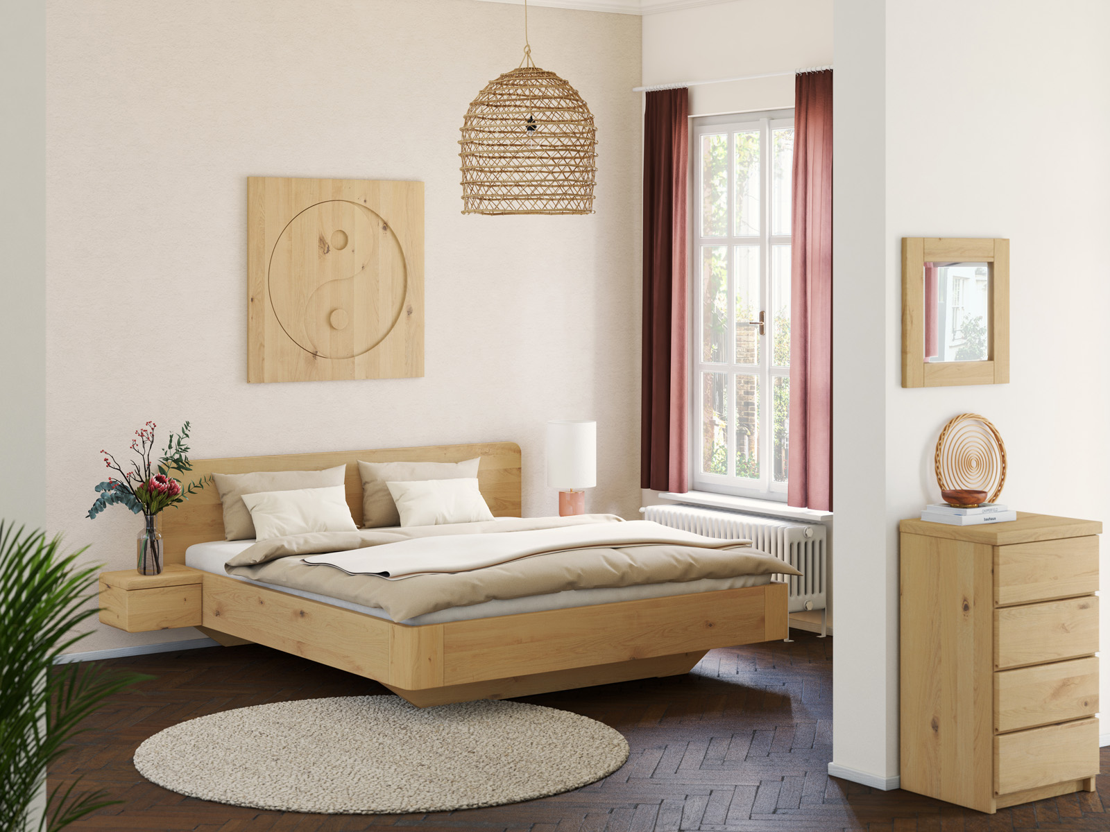 Schlafzimmer mit Wildeichenbett Hell „Clara“ in 180 x 200 cm, mit zwei Nachttischen