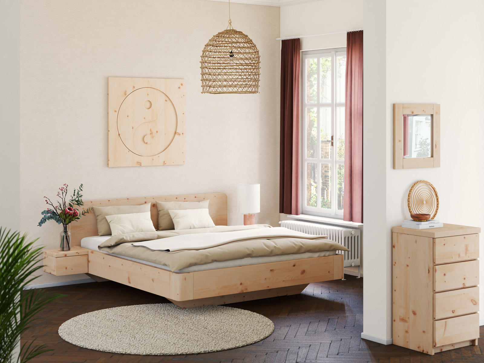 Schlafzimmer mit Zirbenbett „Clara“ in 180 x 200 cm