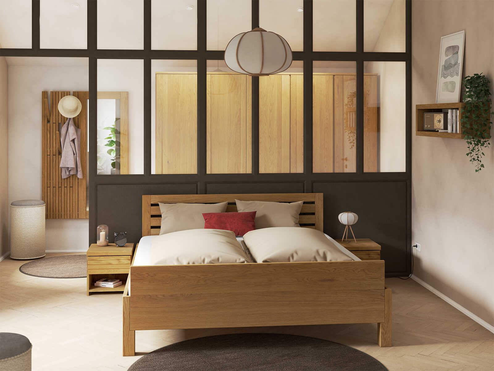 Schlafzimmer mit Nachttisch „Hannes“ aus Massivholz in Standardhöhe
