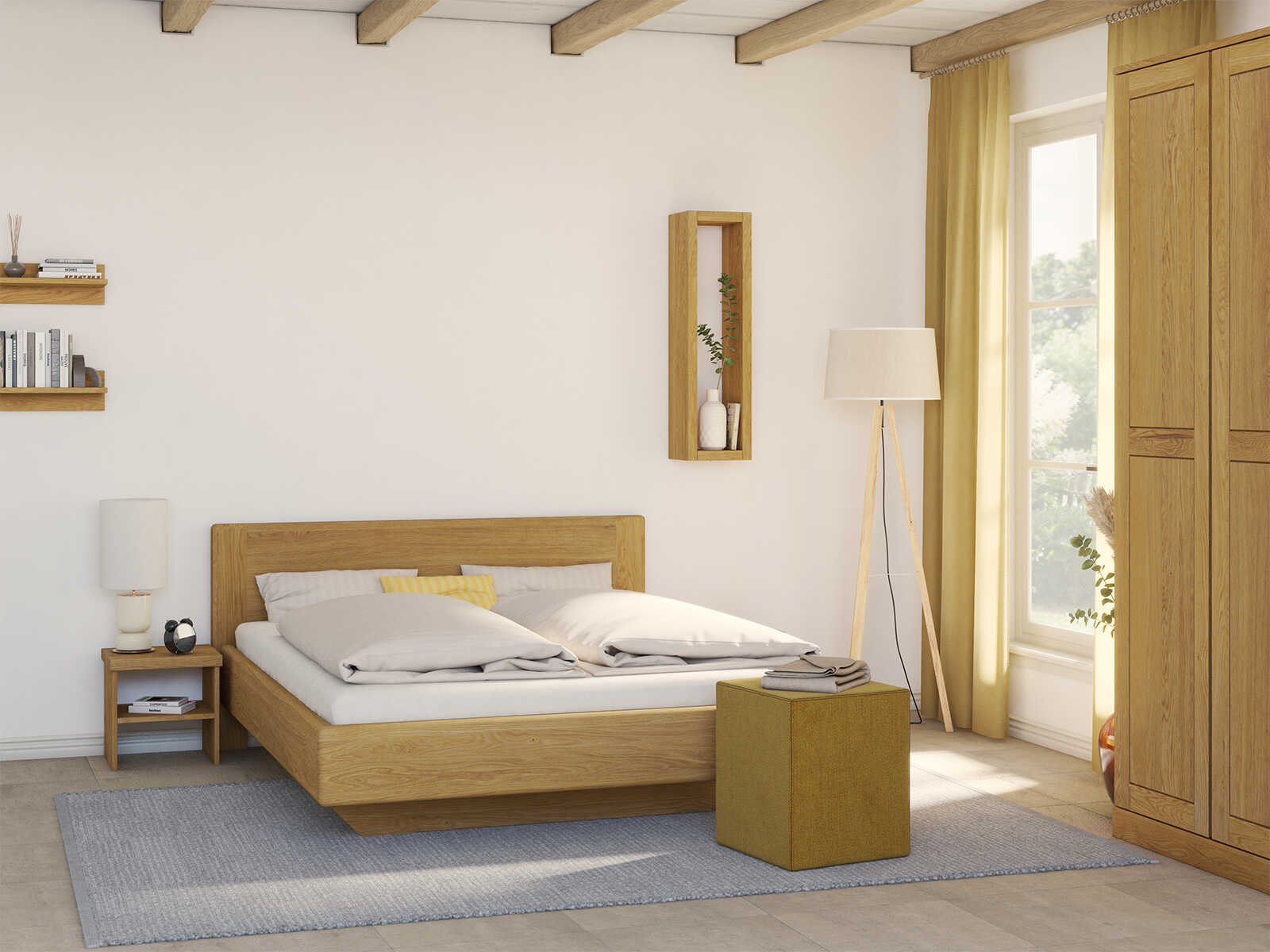 Schlafzimmer mit Nachttisch „Alfred“ aus Massivholz in Standardhöhe