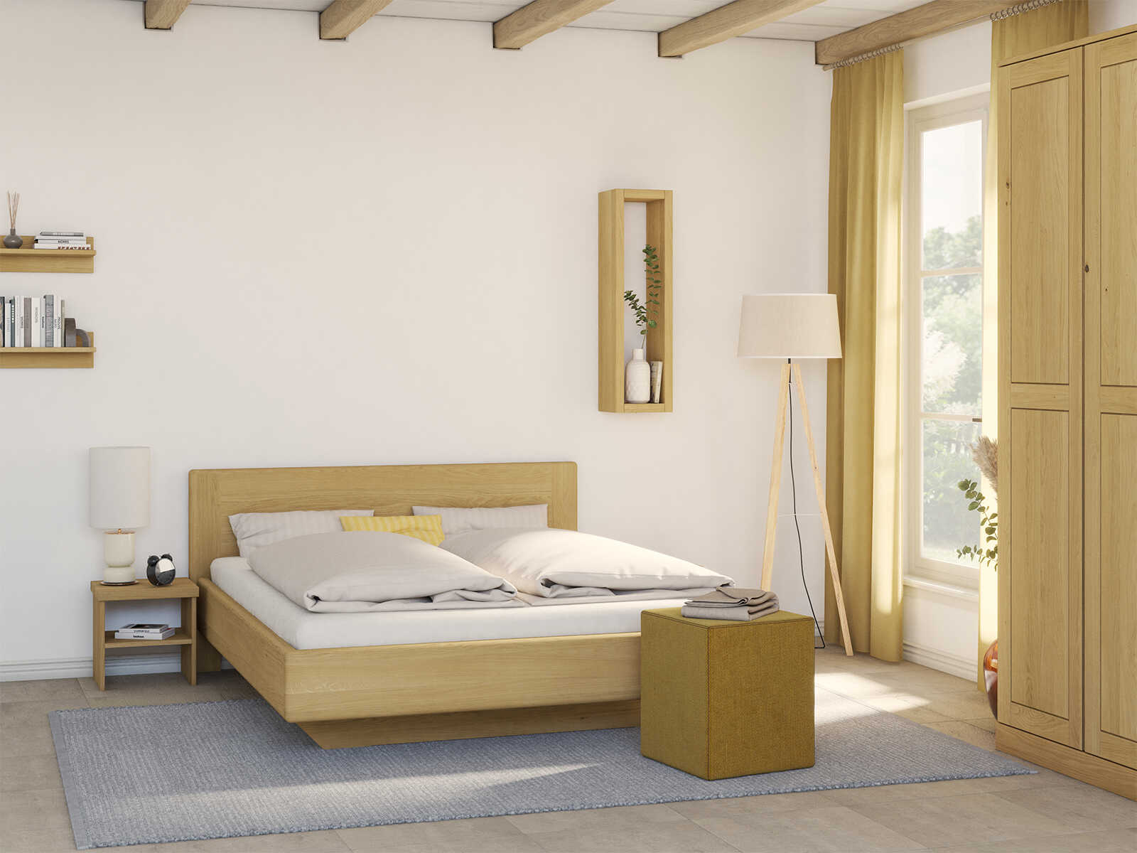 Schlafzimmer mit Bett „Elisabeth“ aus Eiche Hell in 180 x 200 cm