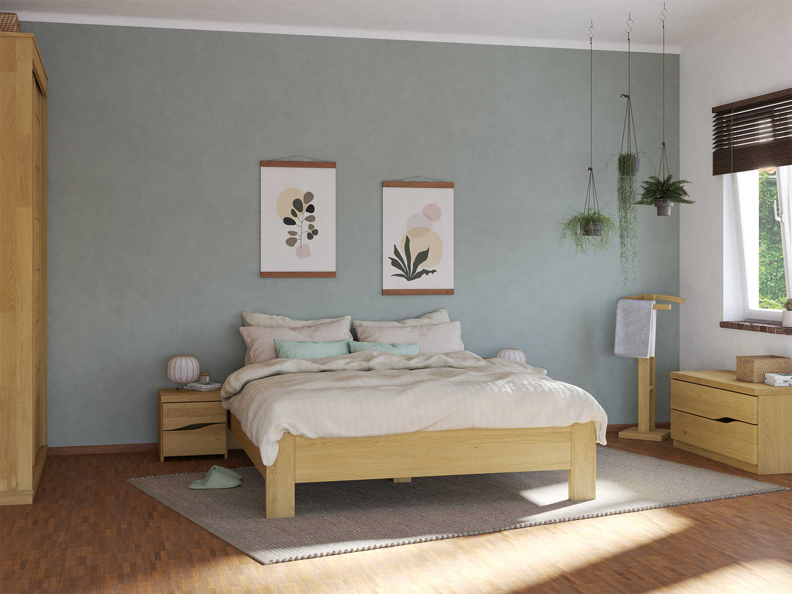 Schlafzimmer mit Eichenbett Hell „Frida“ in 180 x 200 cm