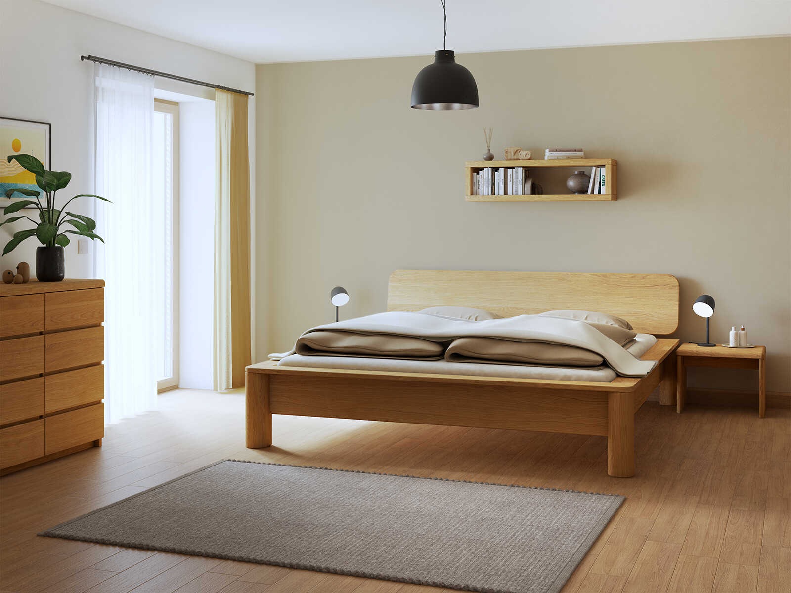 Schlafzimmer mit Bett „Gerda“ aus Eiche in 180 x 200 cm