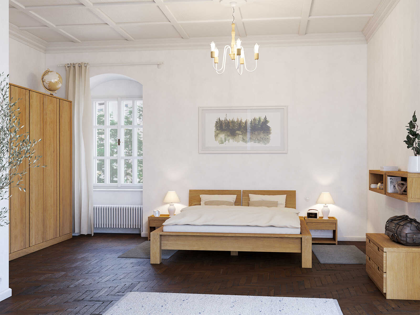 Schlafzimmer mit Bett „Hanna“ aus Eiche in 180 x 200 cm