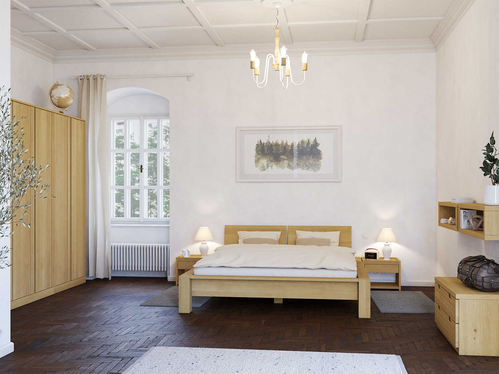 Schlafzimmer mit Bett „Hanna“ aus Eiche Hell in 180 x 200 cm