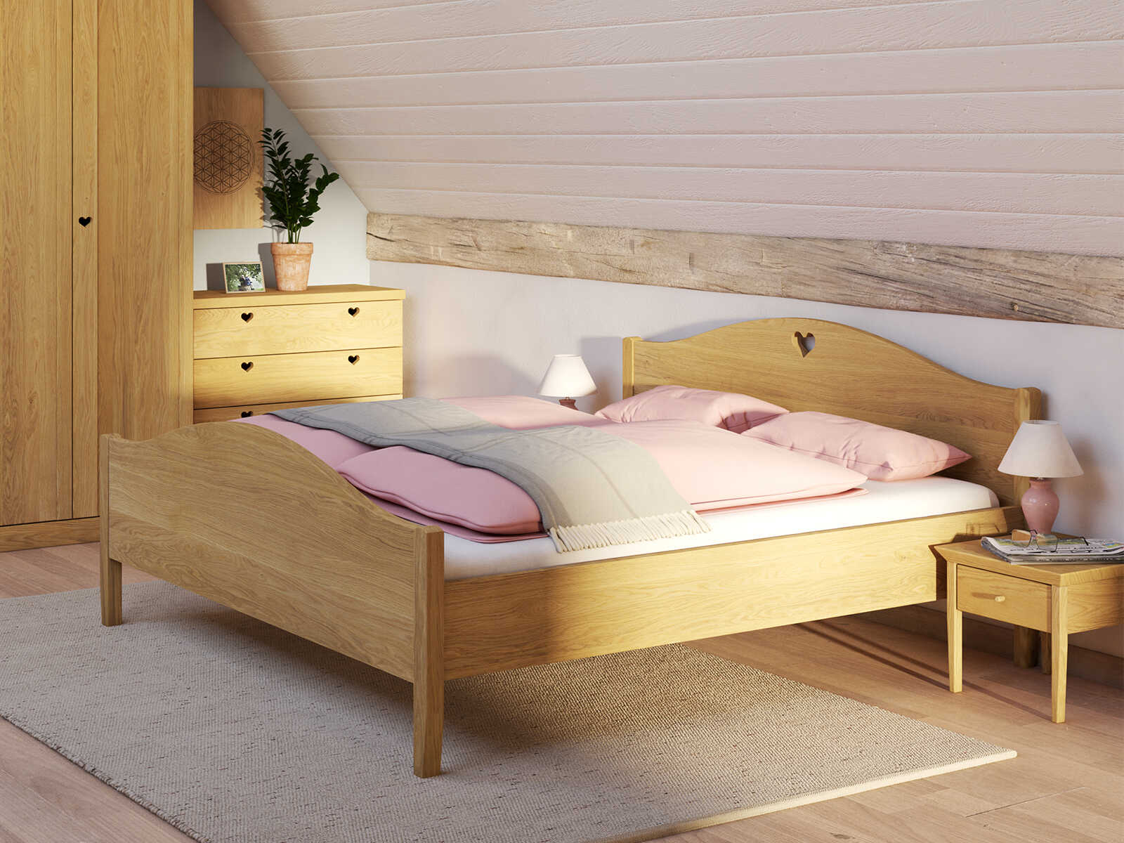 Schlafzimmer mit Nachtkästchen „Sarah“ aus Massivholz in Standardhöhe