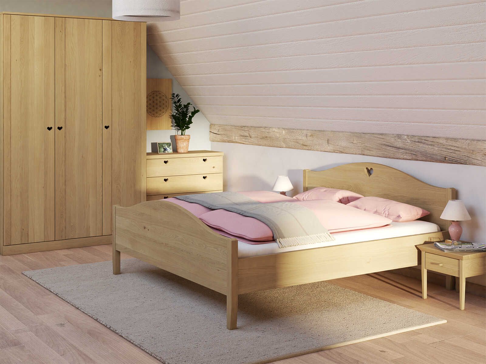 Schlafzimmer mit Eichenbett Hell „Hermine“ 180 x 200 cm -  mit niedrigem runden Fußteil und mit Kopfteil „Herz“